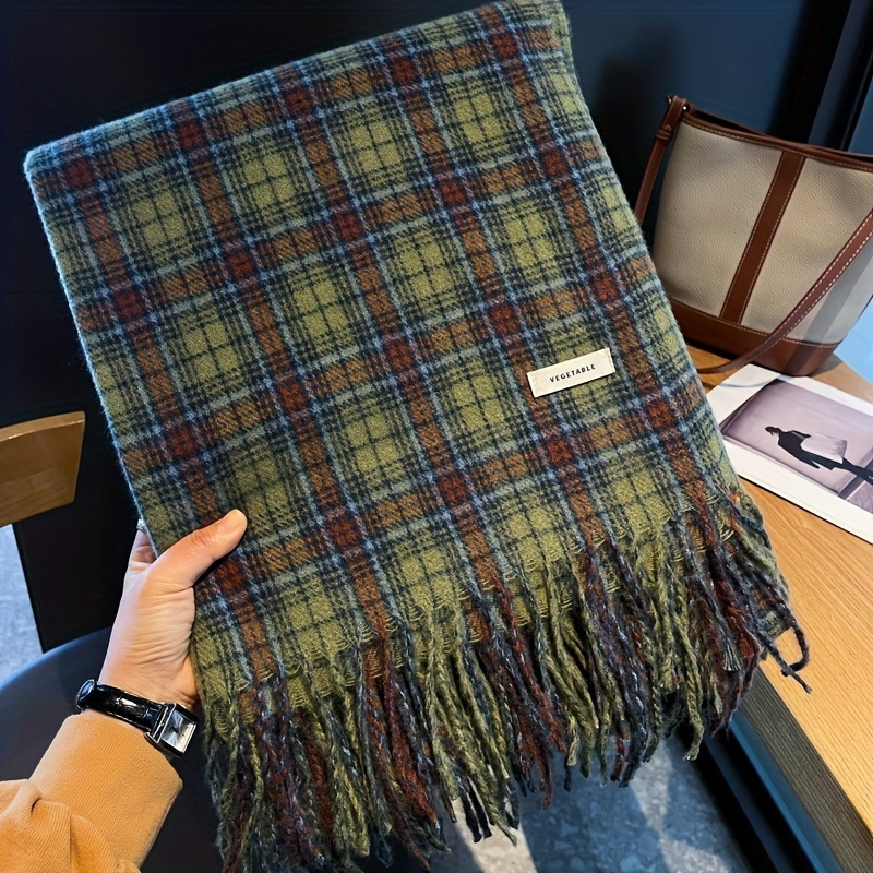 Cashmere Pashmina Wrap - Vintage verde xadrez borla cachecol feminino