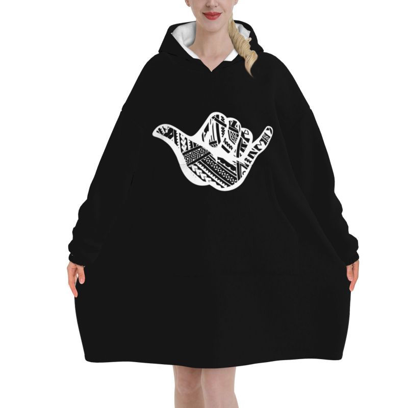 Sherpa Hoodie Fleece - Tatuagem polinésia shaka tribal impressão cobertor