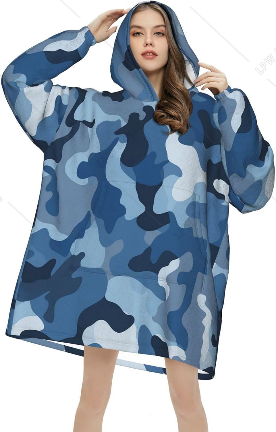 Sherpa Hoodie Fleece - Cobertor Vestível Clássico Azul Camuflado com