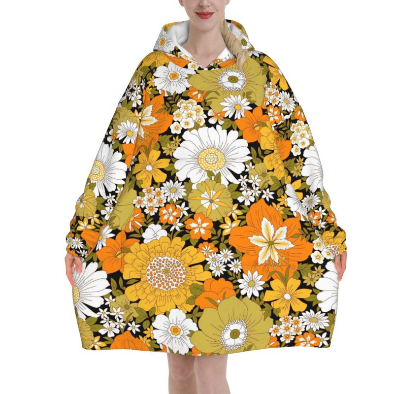 Sherpa Hoodie Fleece - Hippie flor floral retro cobertor com